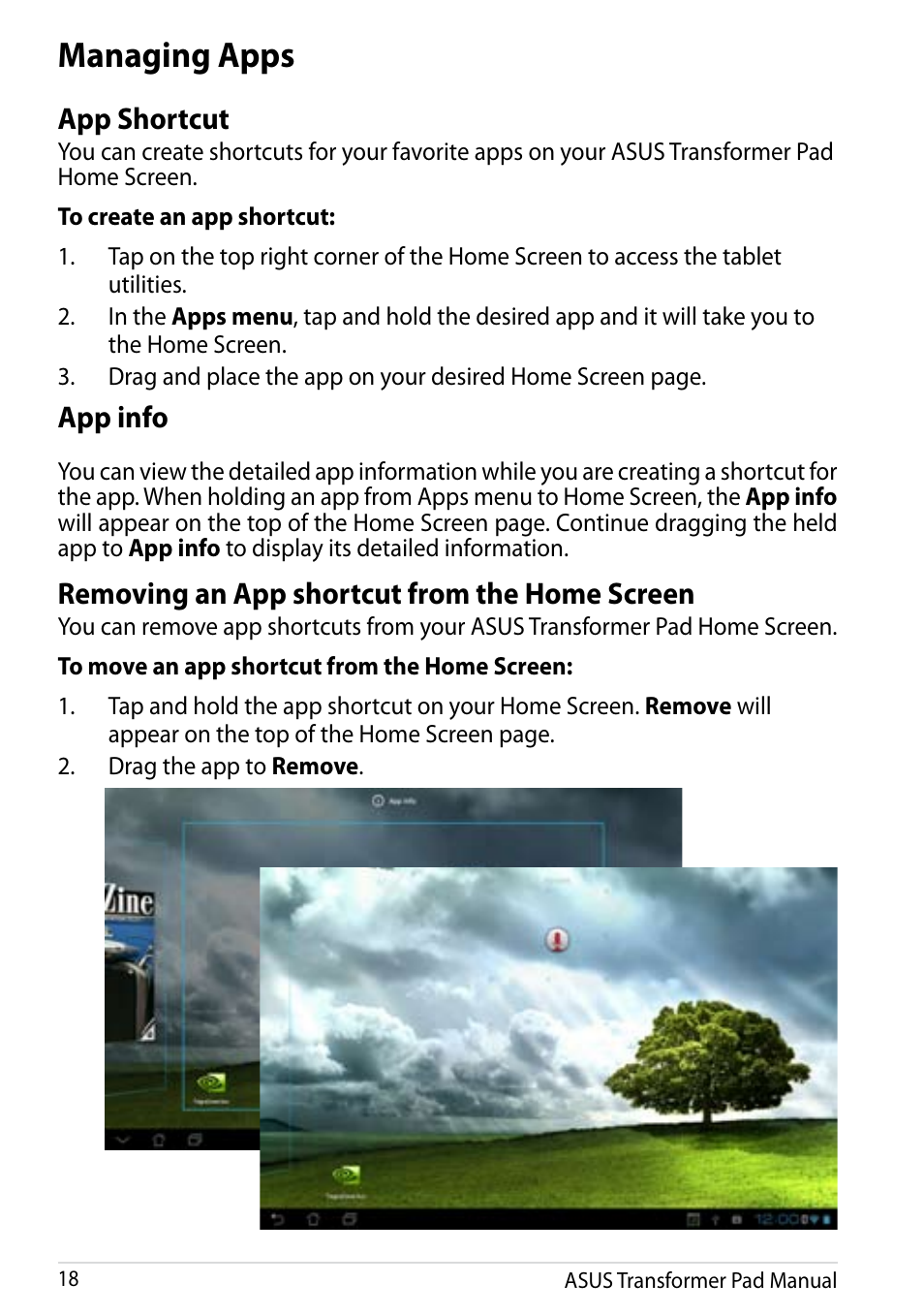 Managing apps, App shortcut, App info | Removing an app shortcut from the home screen | Asus Transformer Pad Infinity TF700T User Manual | Page 18 / 89