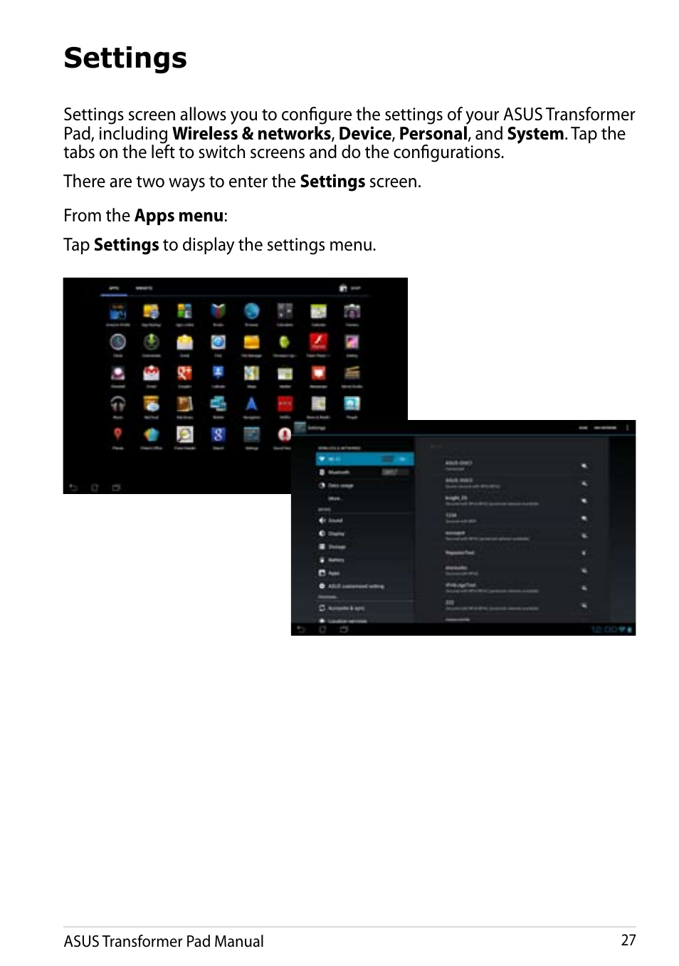 Settings | Asus Transformer Pad Infinity TF700T User Manual | Page 27 / 89