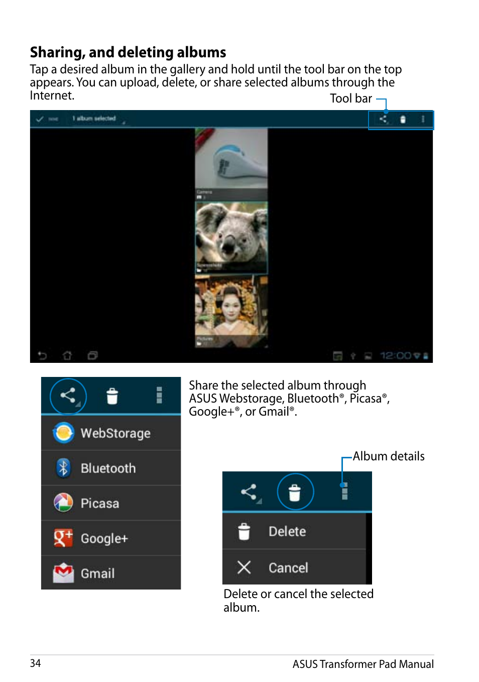 Sharing, and deleting albums | Asus Transformer Pad Infinity TF700T User Manual | Page 34 / 89