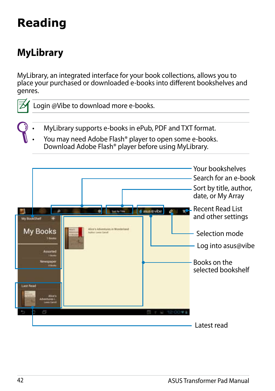 Reading, Mylibrary | Asus Transformer Pad Infinity TF700T User Manual | Page 42 / 89