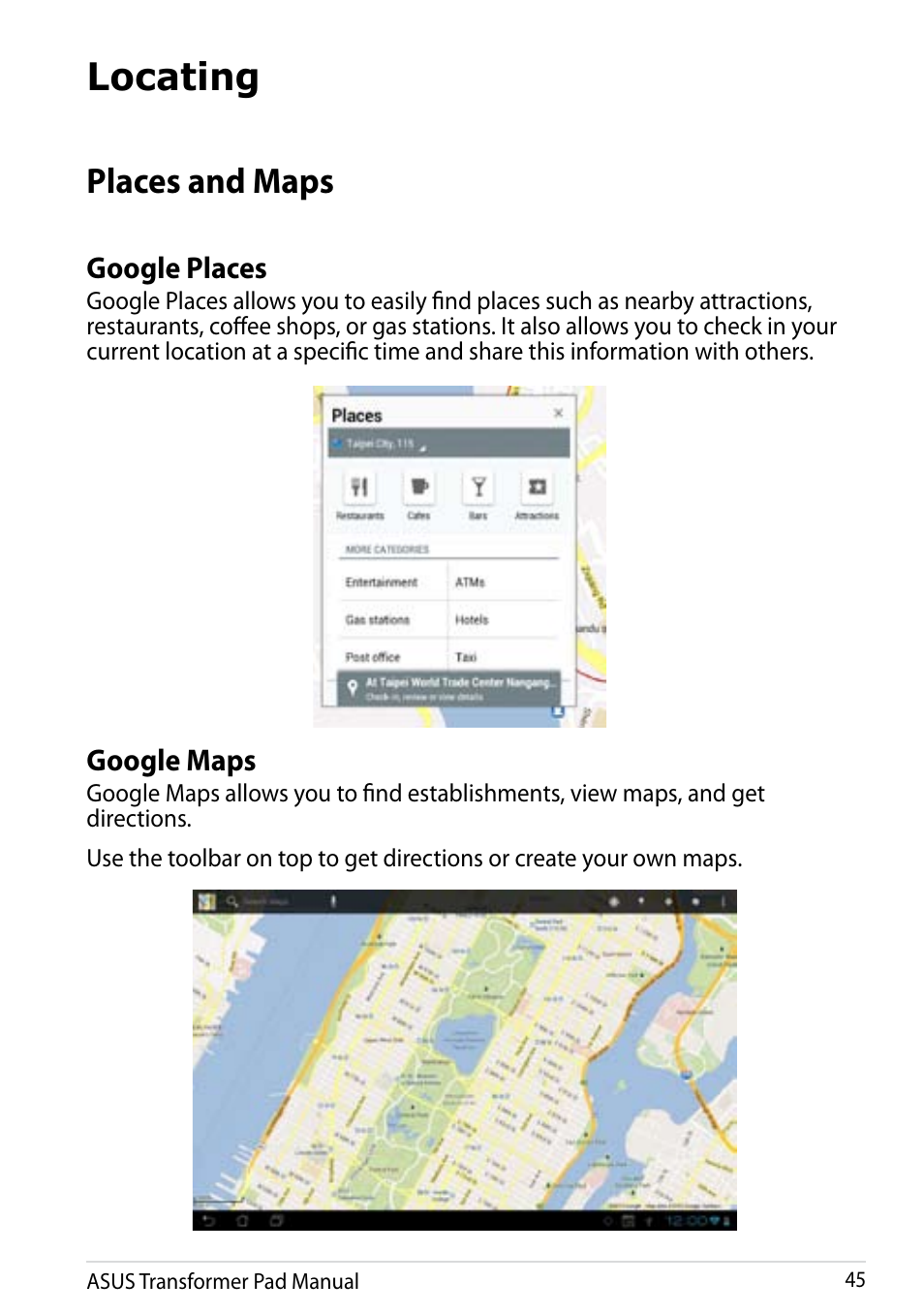 Locating, Places and maps | Asus Transformer Pad Infinity TF700T User Manual | Page 45 / 89