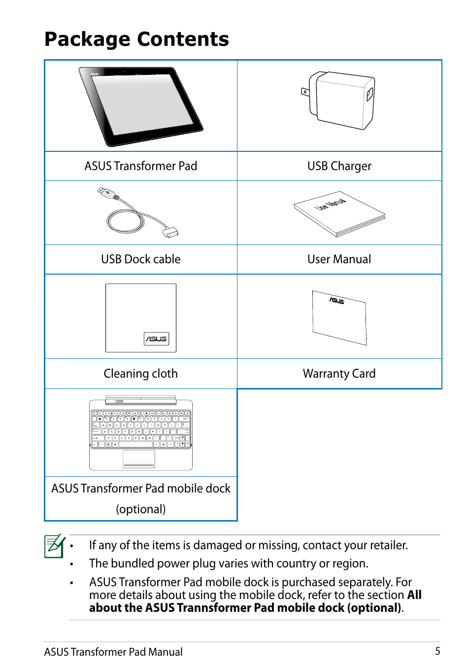 Package contents, Asus transformer pad mobile dock (optional), Asus transformer pad manual 5 | User manual | Asus Transformer Pad Infinity TF700T User Manual | Page 5 / 89