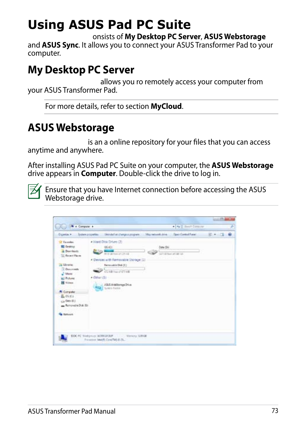 Using asus pad pc suite, My desktop pc server asus webstorage, My desktop pc server | Asus webstorage | Asus Transformer Pad Infinity TF700T User Manual | Page 73 / 89