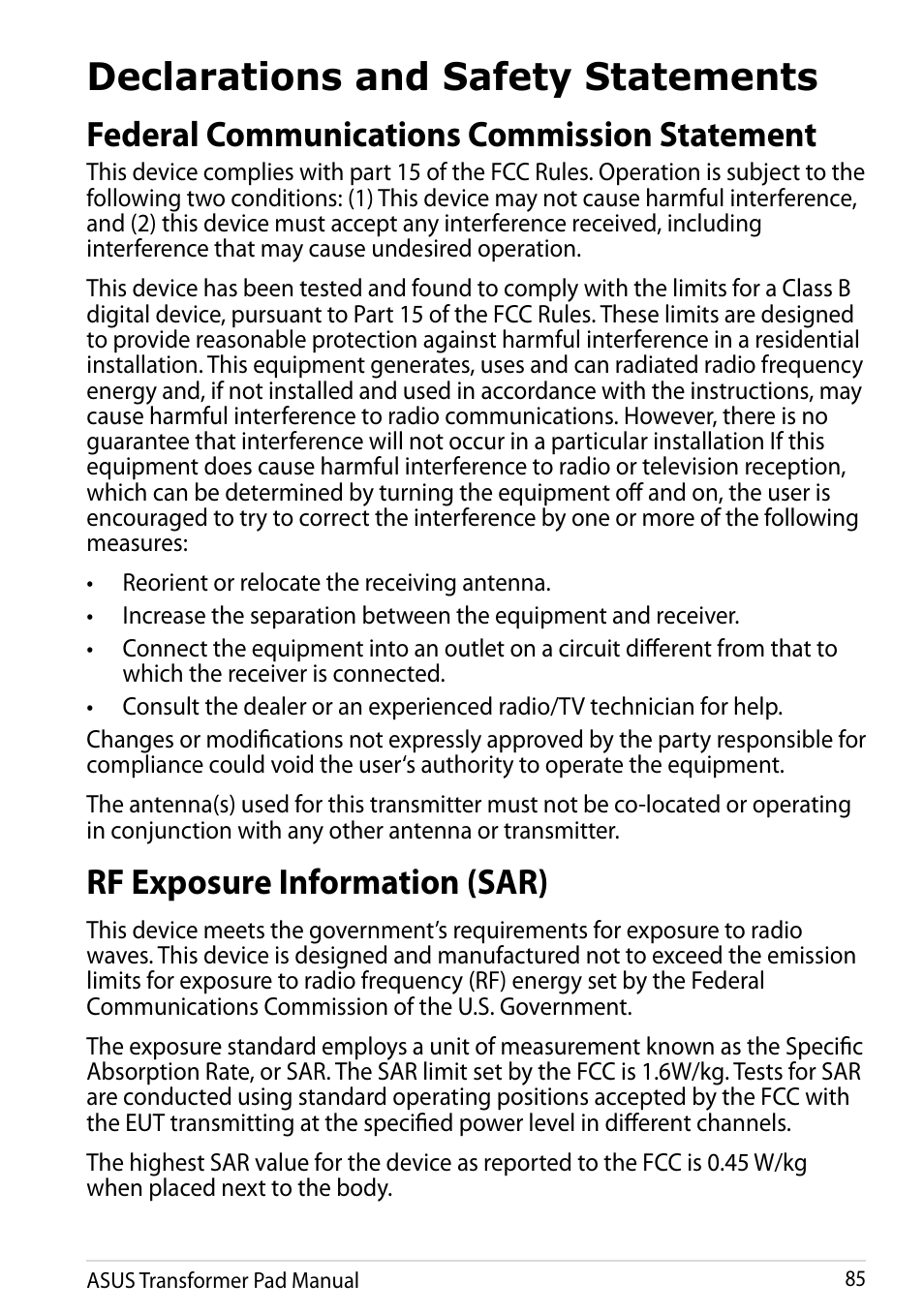 Declarations and safety statements, Federal communications commission statement, Rf exposure information (sar) | Asus Transformer Pad Infinity TF700T User Manual | Page 85 / 89