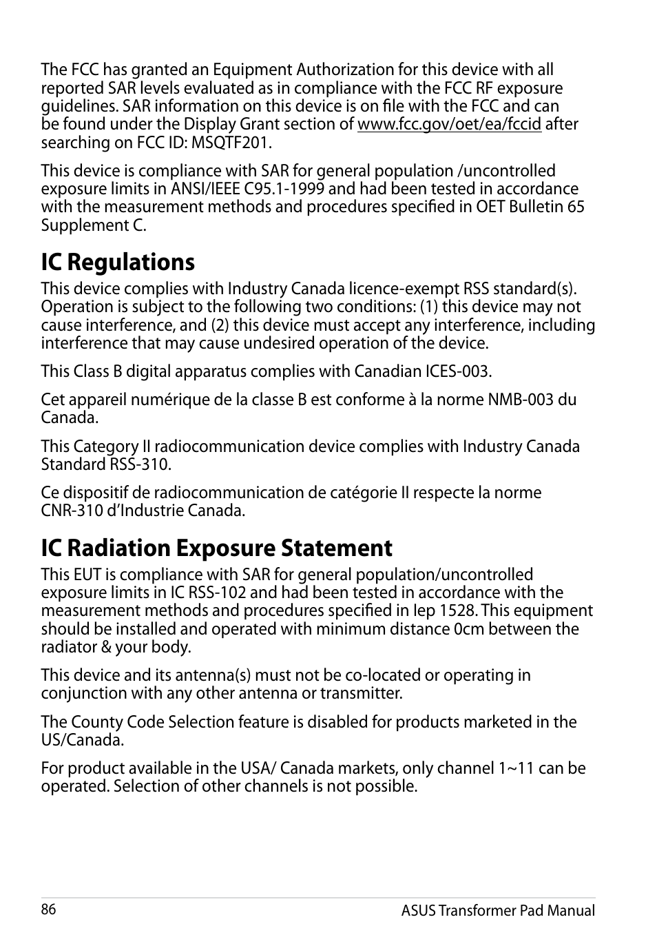 Ic regulations, Ic radiation exposure statement | Asus Transformer Pad Infinity TF700T User Manual | Page 86 / 89