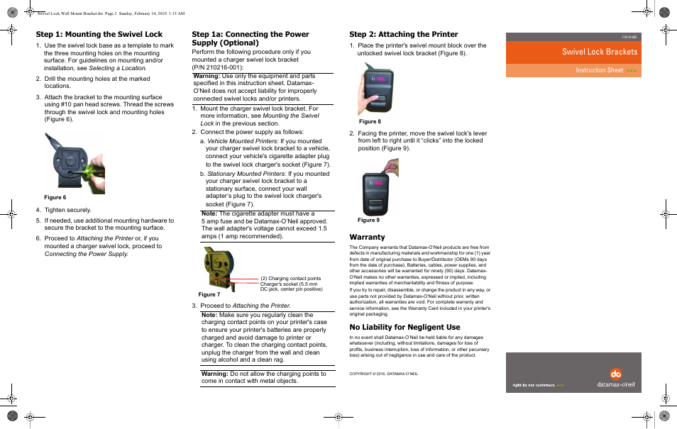 Swivel lock brackets, Step 2: attaching the printer, Warranty | No liability for negligent use, Step 1a: connecting the power supply (optional), Step 1: mounting the swivel lock | Datamax-O'Neil microFlash 4t_4te Standard Swivel Lock User Manual | Page 2 / 2