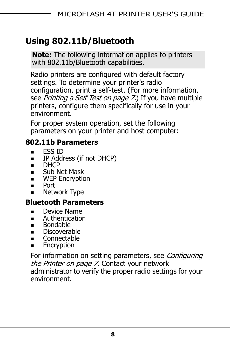 Using 802.11b/bluetooth, 11b parameters, Bluetooth parameters | Printing a self-test on page 7, Configuring the printer on page 7 | Datamax-O'Neil microFlash 4t User Guide User Manual | Page 11 / 22