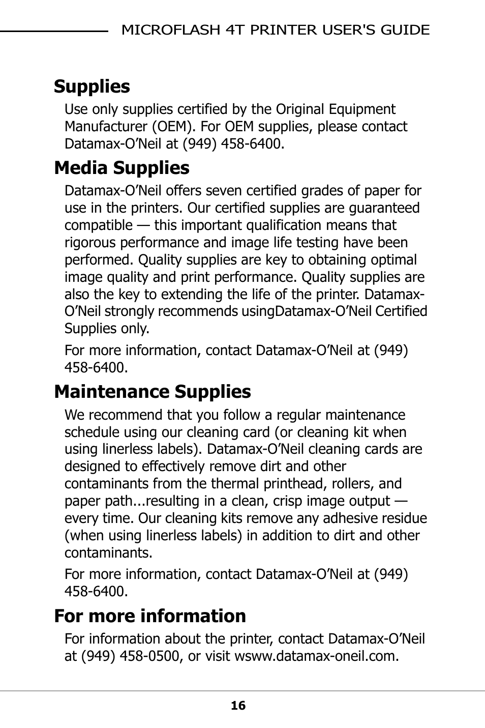 Supplies, Media supplies, Maintenance supplies | For more information | Datamax-O'Neil microFlash 4t User Guide User Manual | Page 20 / 22