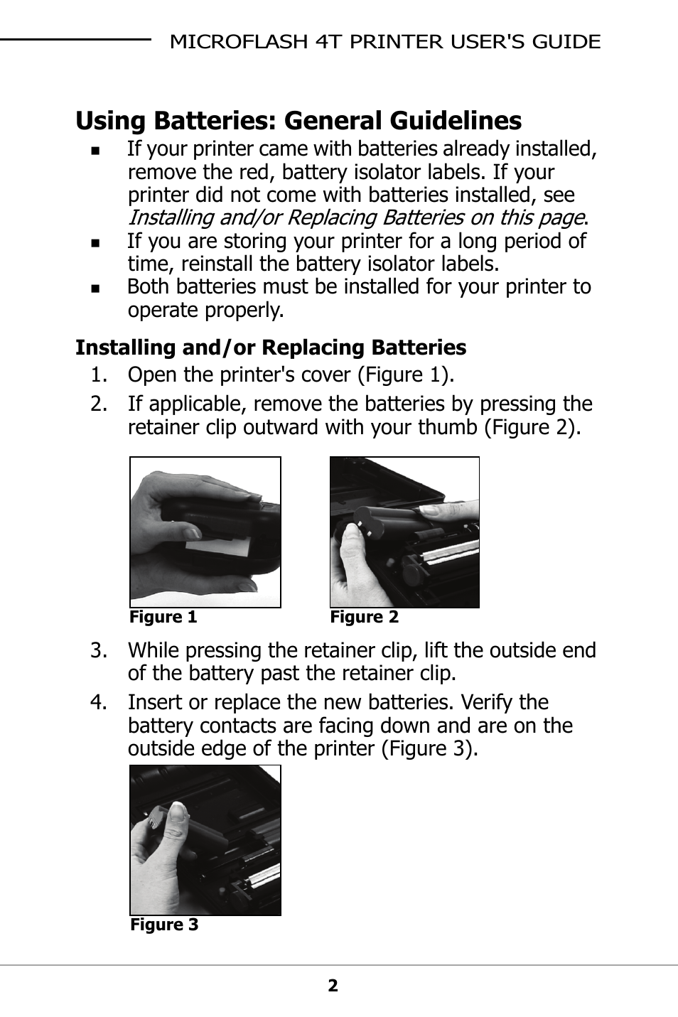 Using batteries: general guidelines, Installing and/or replacing batteries | Datamax-O'Neil microFlash 4t User Guide User Manual | Page 5 / 22