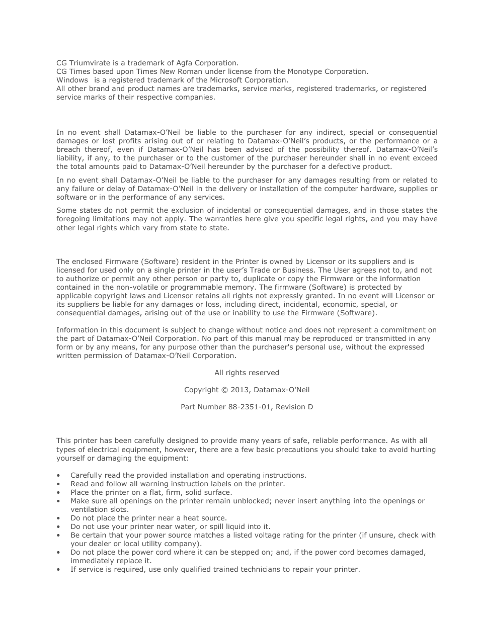 Copyright information, Limitation of liability, Firmware (software) agreement | Important safety instructions | Datamax-O'Neil MP Compact4_MP Compact4 Mobile Mark II Operators Manual User Manual | Page 3 / 36