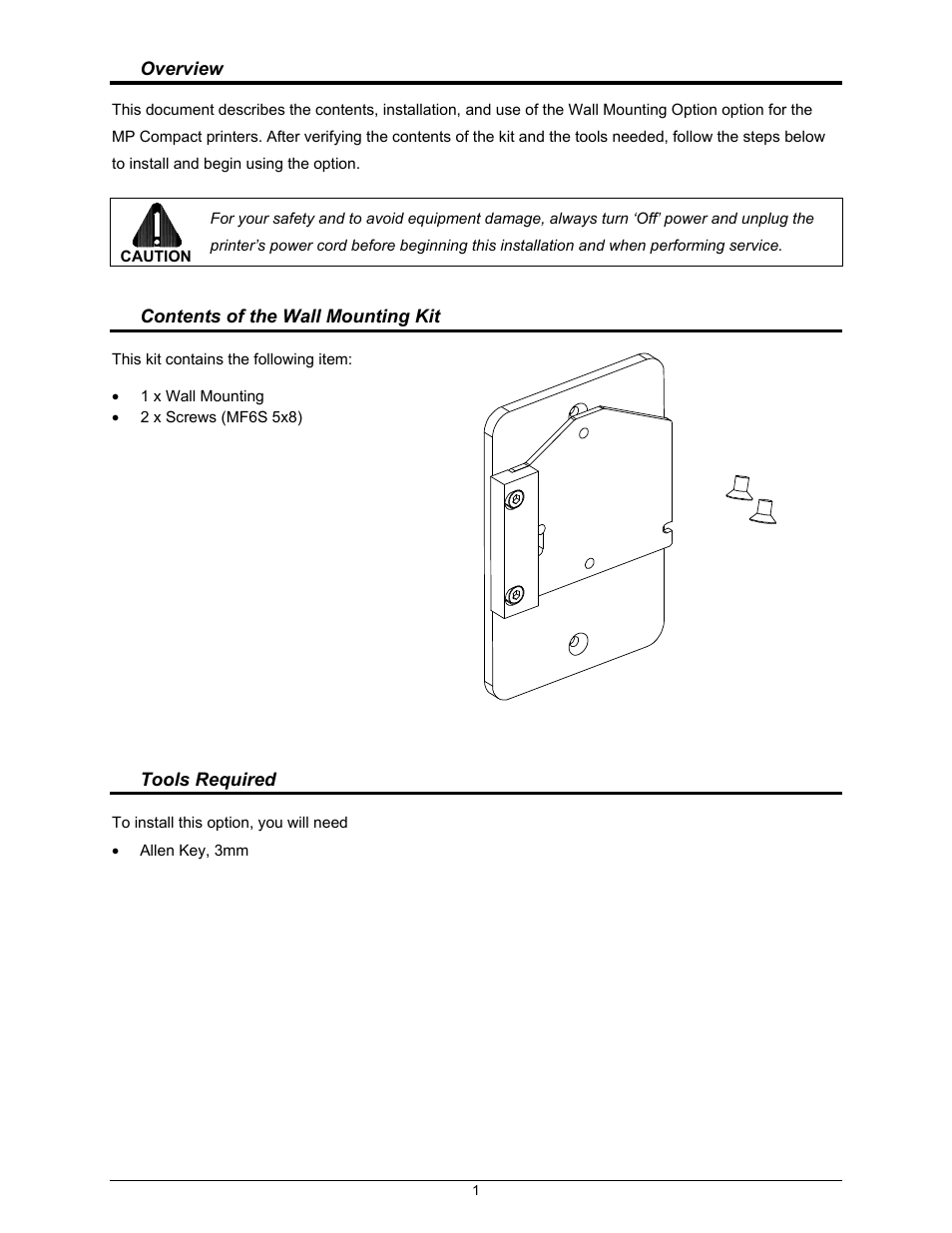 Overview, Contents of the wall mounting kit, Tools required | Datamax-O'Neil MP Compact4 Mark II Wall Mounting Option User Manual | Page 2 / 4