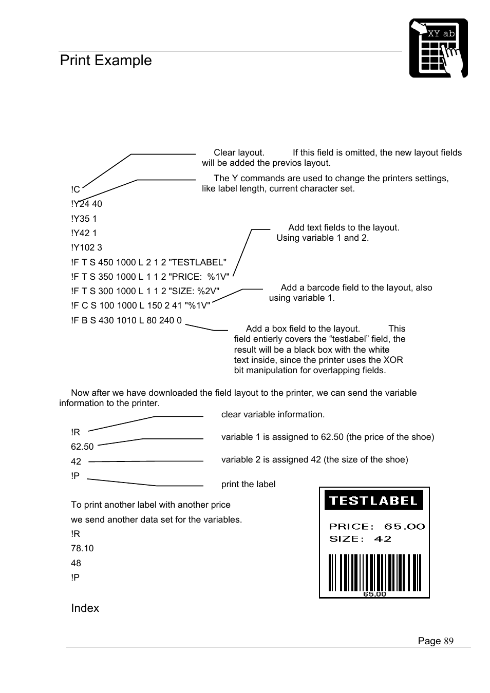 Programmer’s reference manual print example, Index | Datamax-O'Neil Labelpoint Programmer’s Manual User Manual | Page 93 / 95