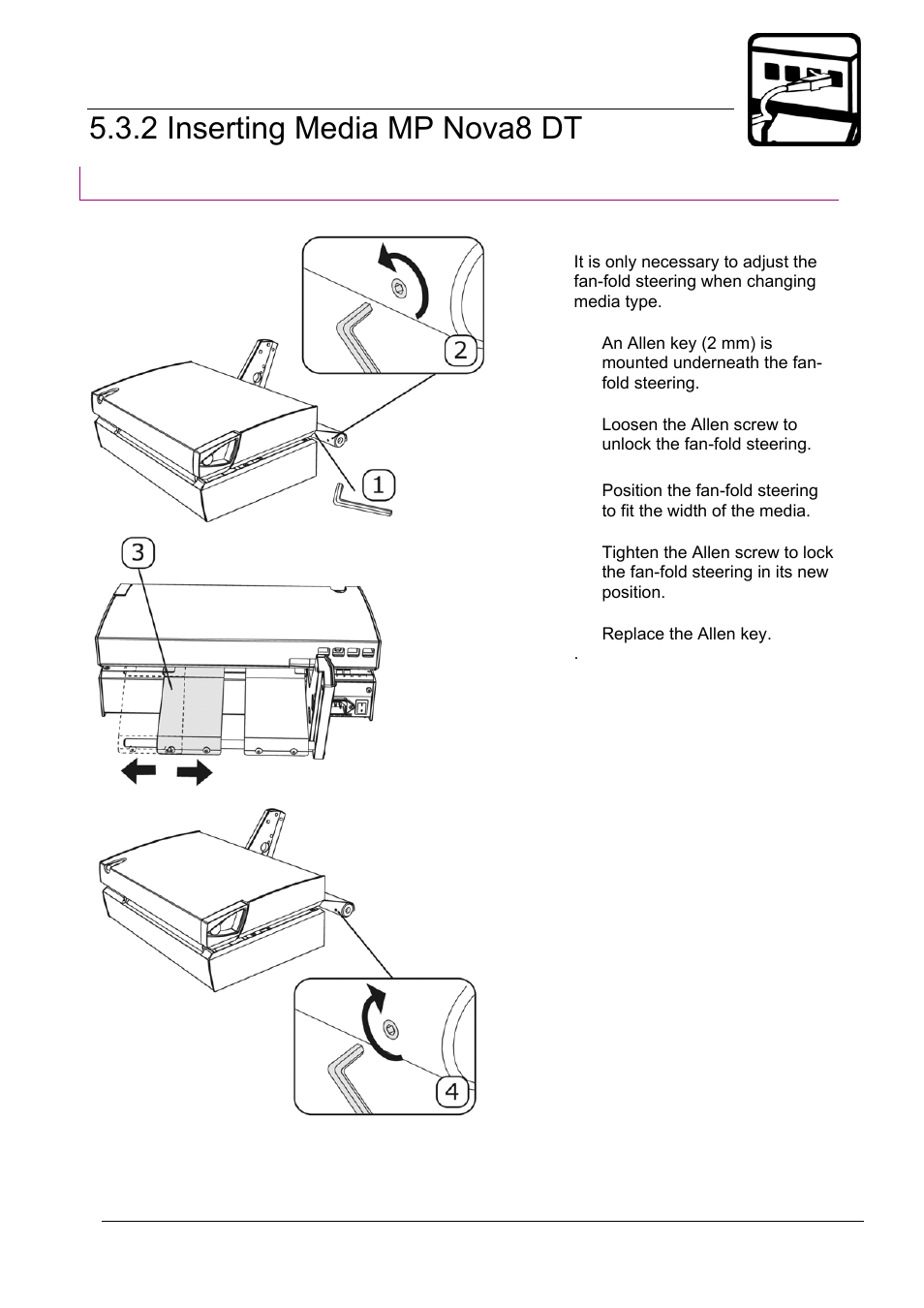 05_3_2_1-getting started_adjusting_steering.doc, 2 inserting media mp nova8 dt, Getting started | Adjusting the fan-fold steering | Datamax-O'Neil MP Nova Operators Manual User Manual | Page 24 / 59