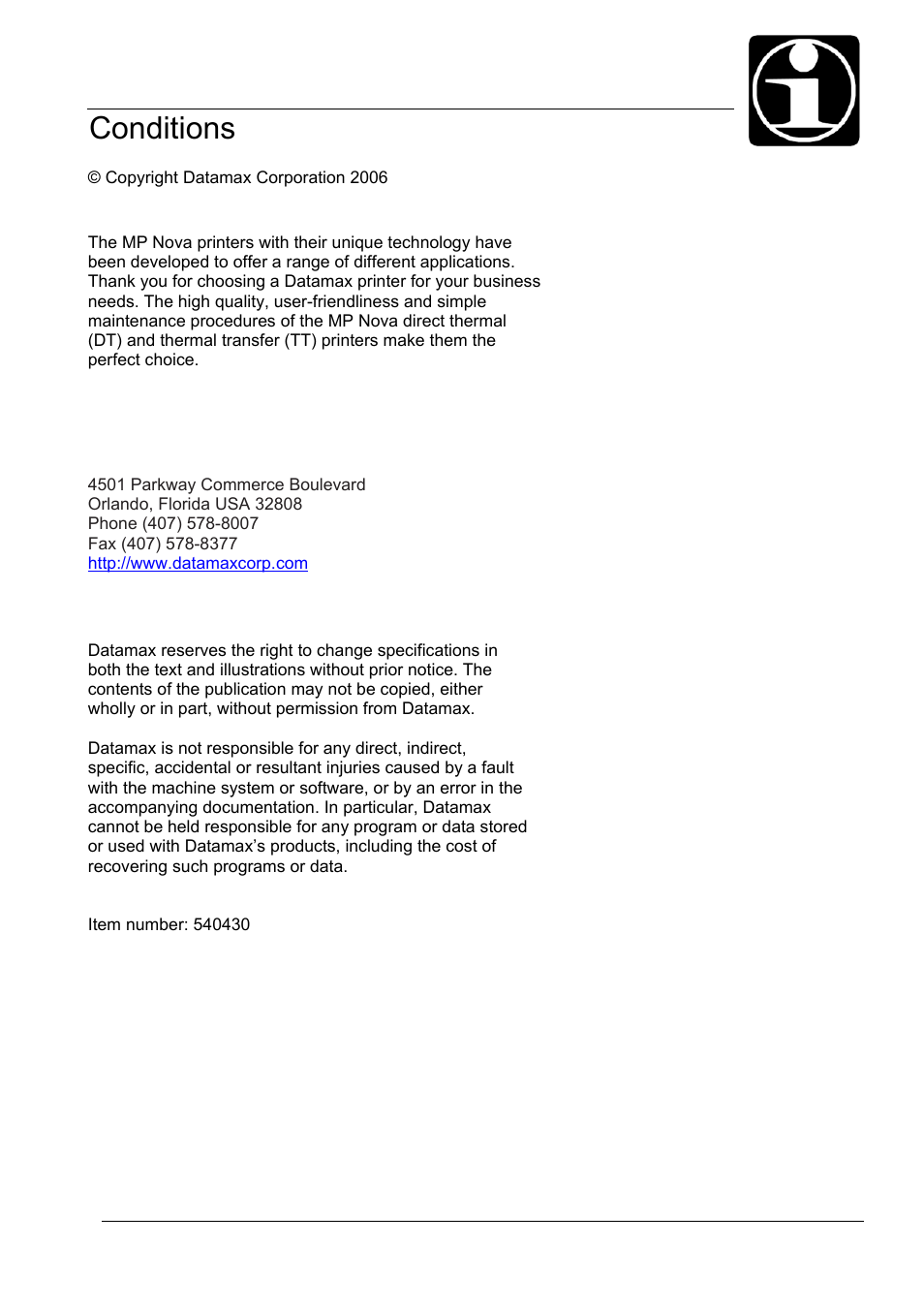 01_1-introduction.doc, Conditions, Introduction | Datamax-O'Neil MP Nova Operators Manual User Manual | Page 3 / 59