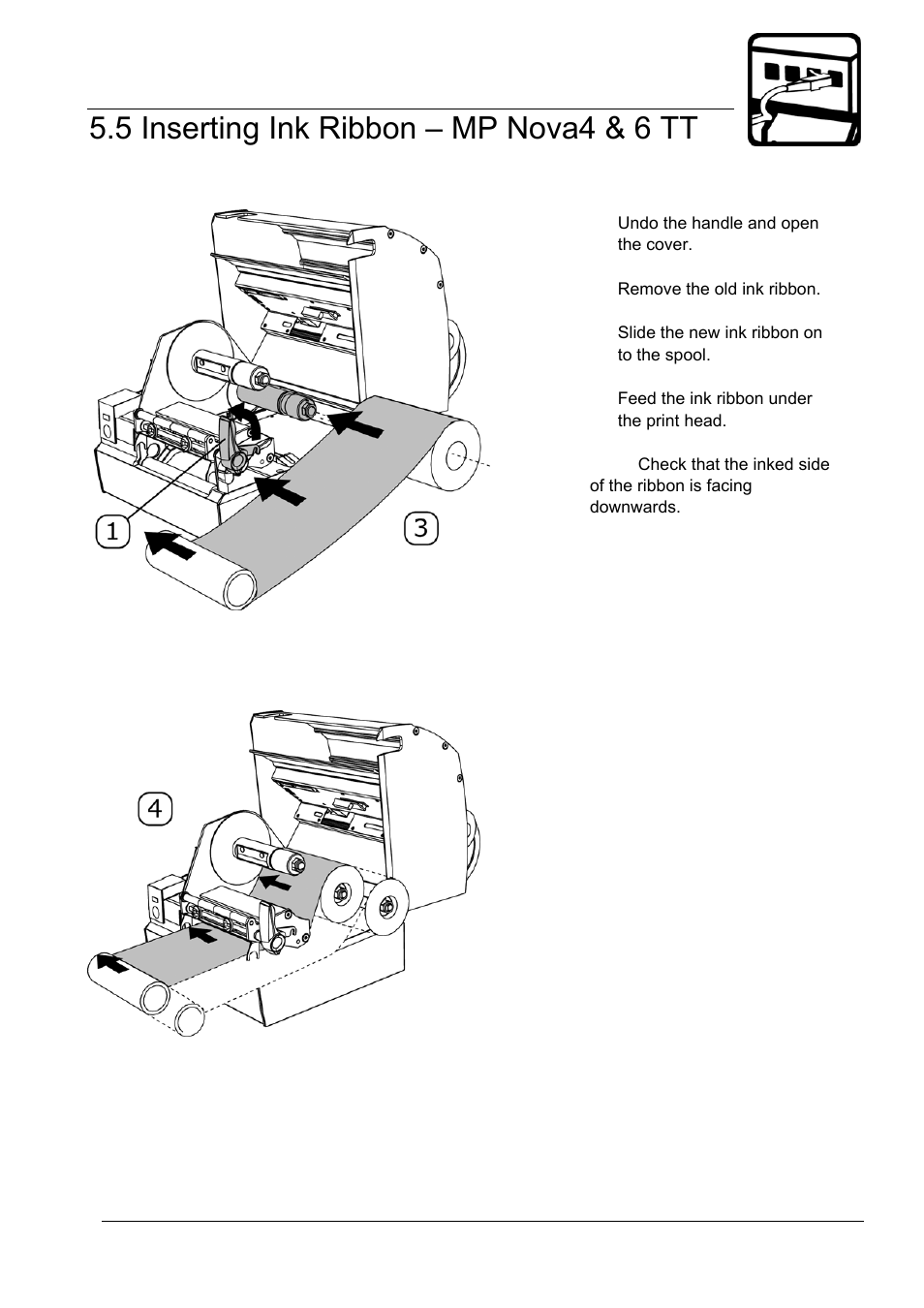 05_5-getting started_inserting ink ribbon.doc, 5 inserting ink ribbon – mp nova4 & 6 tt, Getting started | Datamax-O'Neil MP Nova Operators Manual User Manual | Page 30 / 59