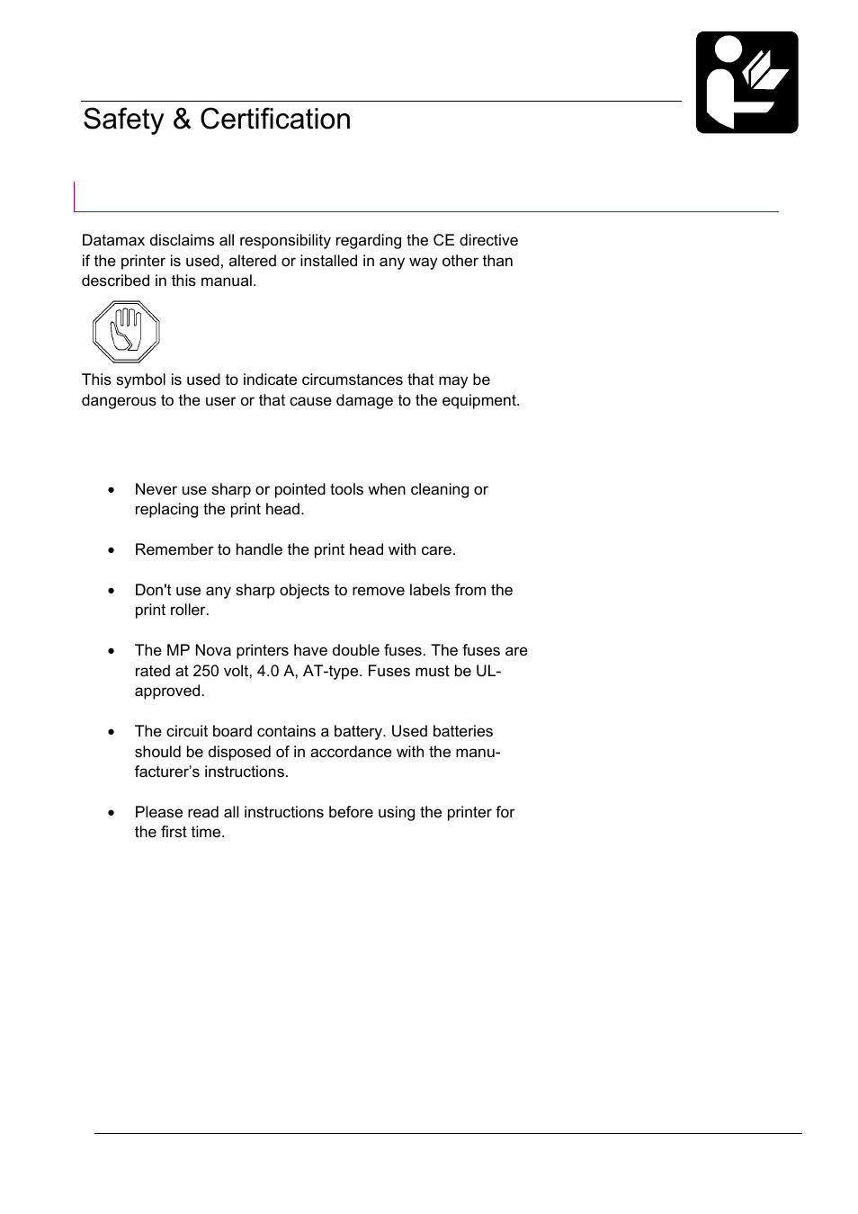02_1-safety.doc, Safety & certification, Safety | Datamax-O'Neil MP Nova Operators Manual User Manual | Page 4 / 59