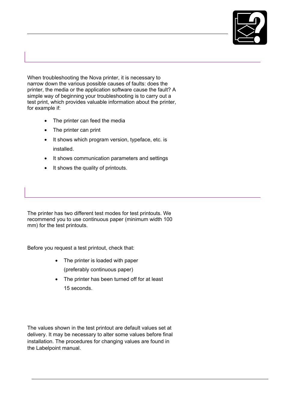 08_1-troubleshooting.doc, Troubleshooting, Test print | Datamax-O'Neil MP Nova Operators Manual User Manual | Page 40 / 59