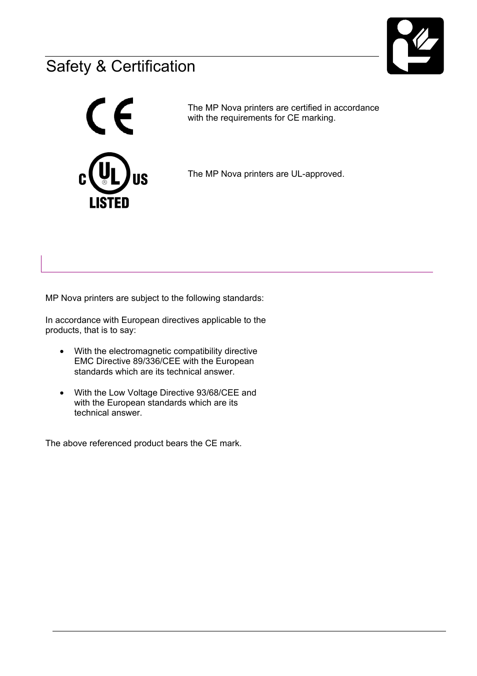 Safety & certification, Safety | Datamax-O'Neil MP Nova Operators Manual User Manual | Page 7 / 59