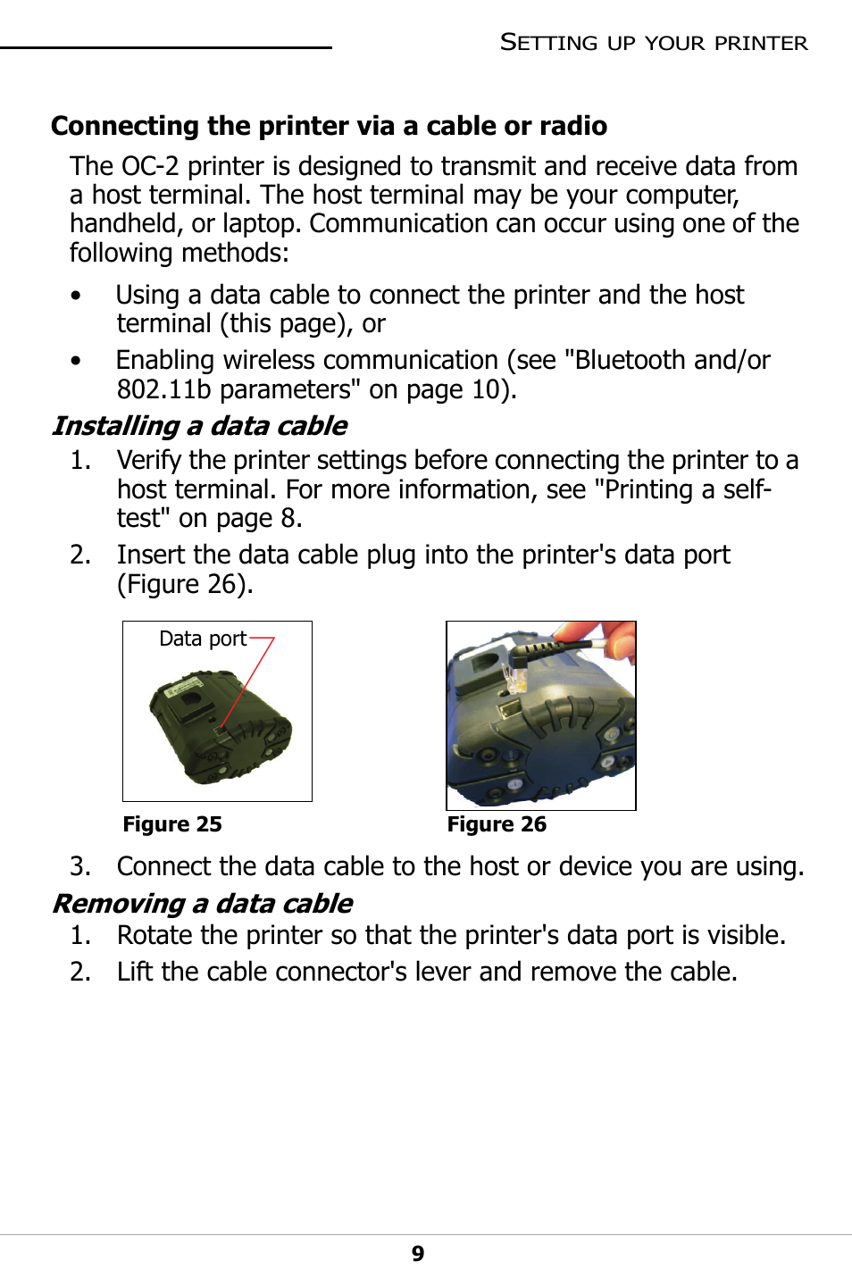 Connecting the printer via a cable or radio, Installing a data cable | Datamax-O'Neil OC-2 SERIES User Guide User Manual | Page 13 / 26