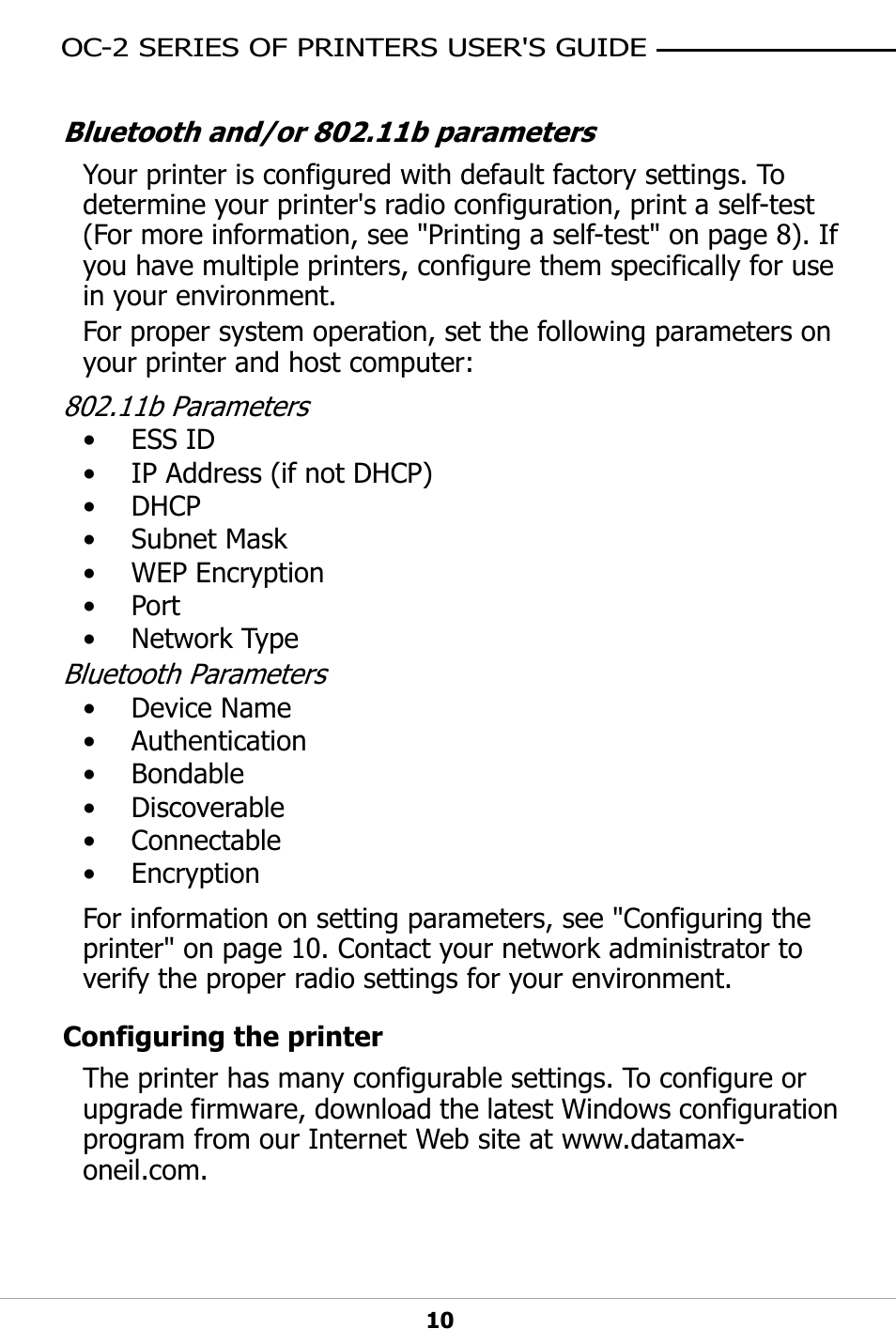 Configuring the printer, Bluetooth and/or 802.11, See 
