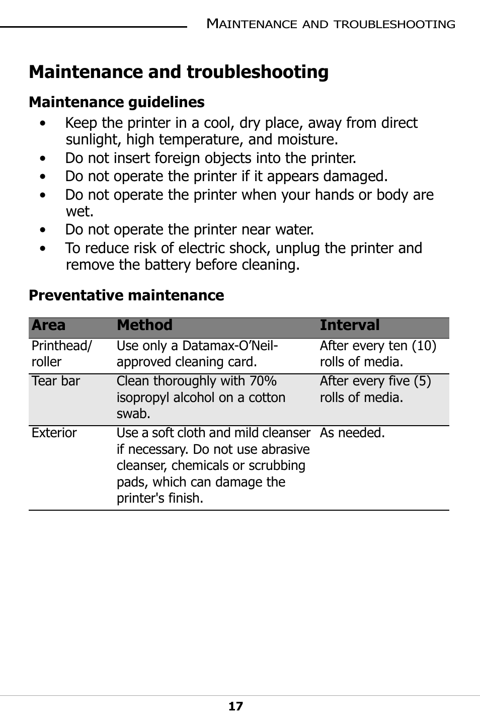 Maintenance and troubleshooting, Maintenance guidelines, Preventative maintenance | Datamax-O'Neil OC-2 SERIES User Guide User Manual | Page 21 / 26