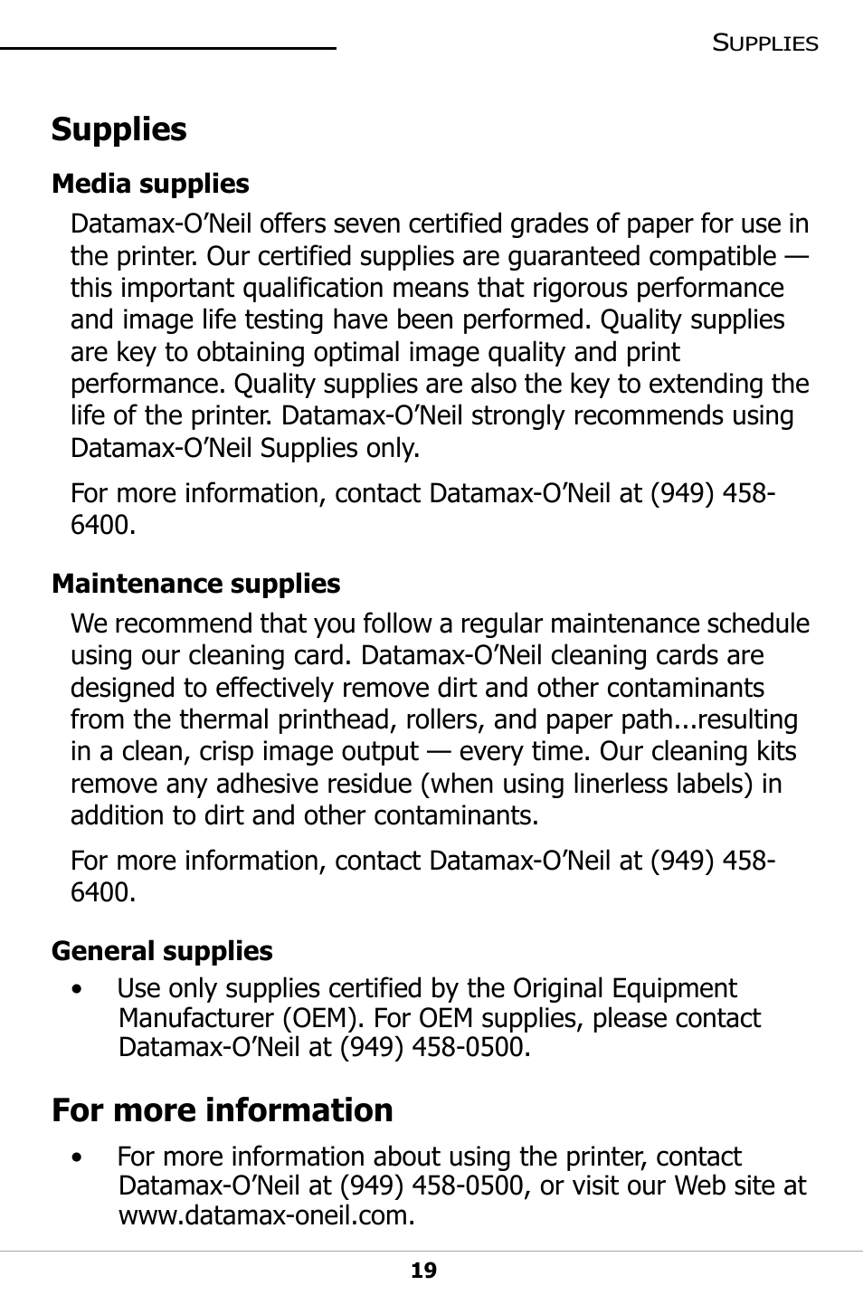 Supplies, For more information | Datamax-O'Neil OC-2 SERIES User Guide User Manual | Page 23 / 26