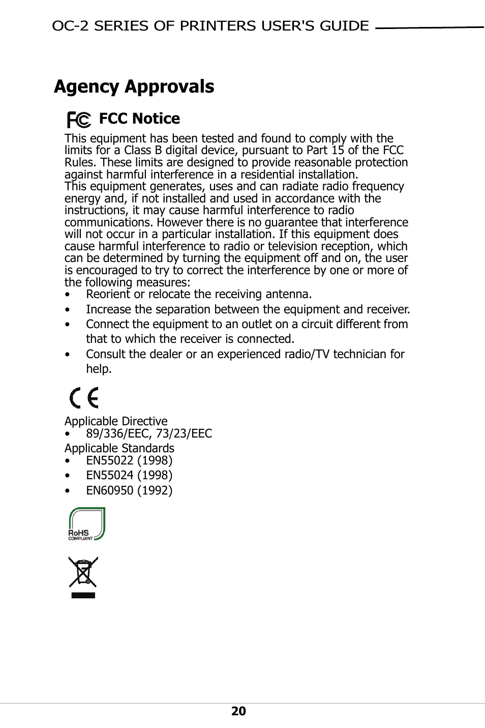 Agency approvals, Fcc notice | Datamax-O'Neil OC-2 SERIES User Guide User Manual | Page 24 / 26