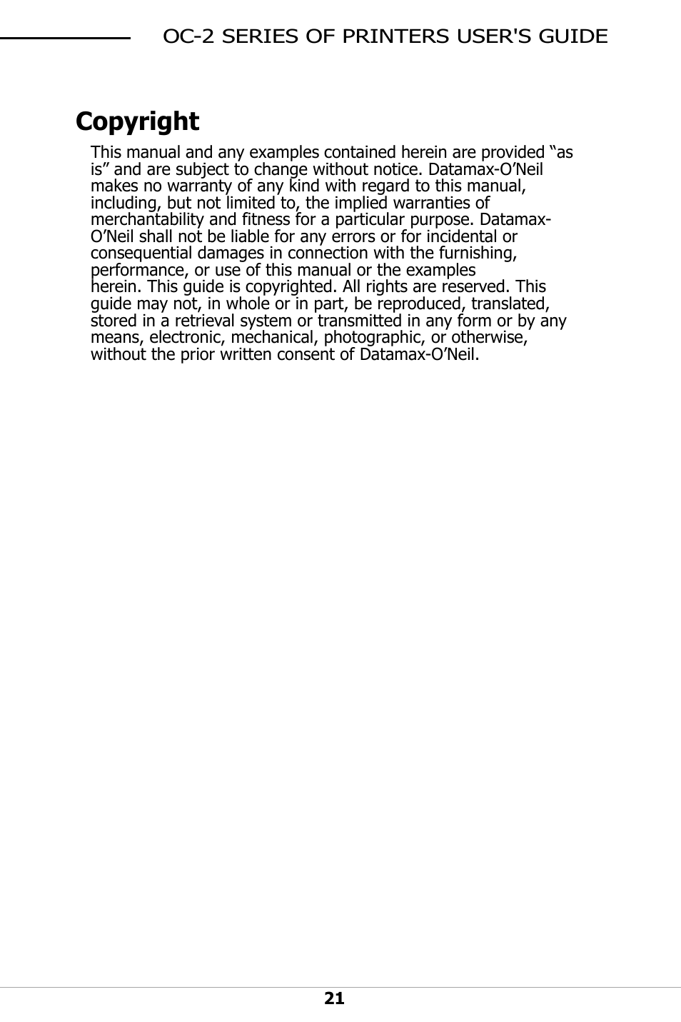 Copyright | Datamax-O'Neil OC-2 SERIES User Guide User Manual | Page 25 / 26