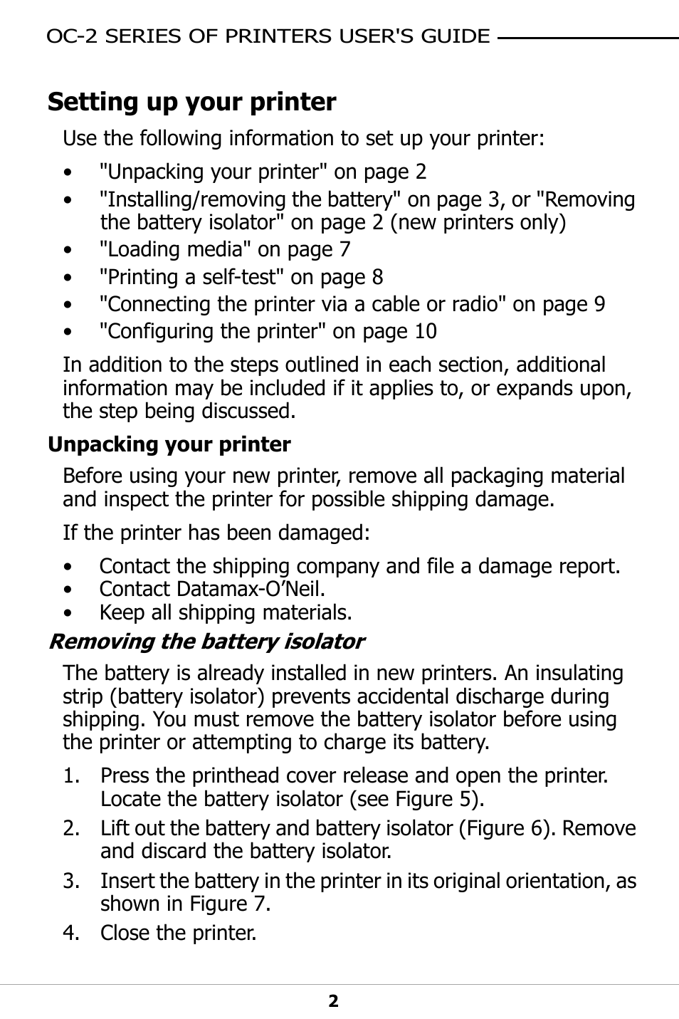 Setting up your printer, Unpacking your printer, Removing the battery isolator | Datamax-O'Neil OC-2 SERIES User Guide User Manual | Page 6 / 26