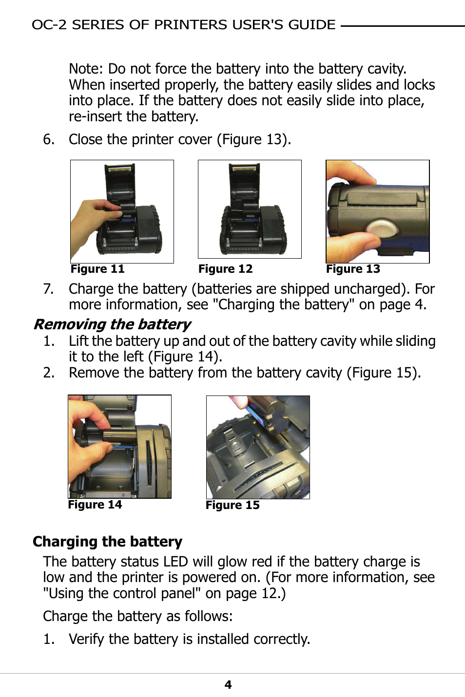 Charging the battery, Removing the battery, Shown in figure 11. the printer beeps | Figure 12 sho | Datamax-O'Neil OC-2 SERIES User Guide User Manual | Page 8 / 26