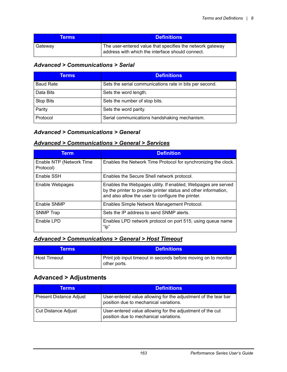 Advanced > adjustments | Datamax-O'Neil Performance series User Guide User Manual | Page 135 / 143