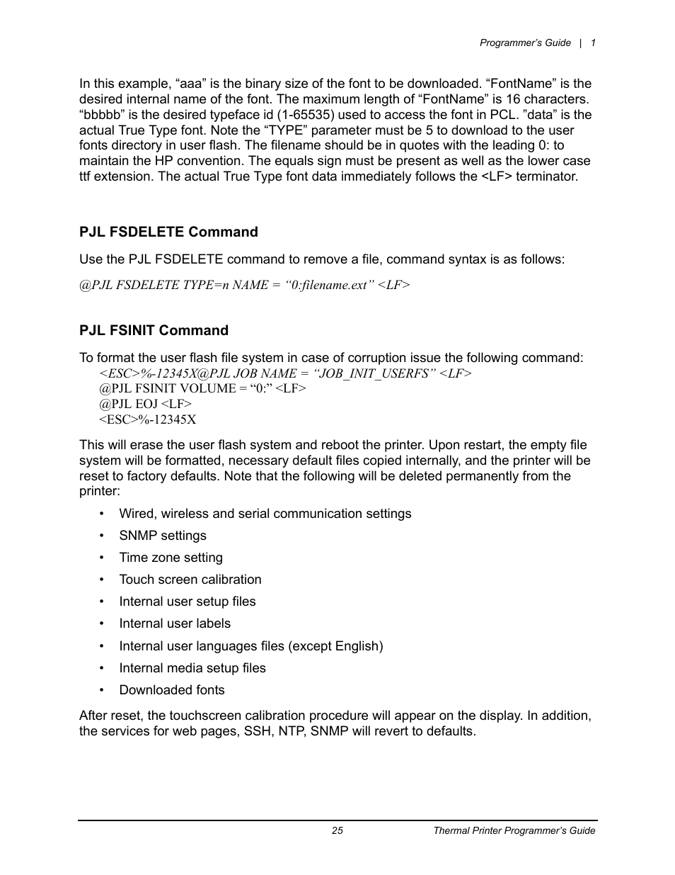 Pjl fsdelete command pjl fsinit command | Datamax-O'Neil Workstation series Programmer’s Guide User Manual | Page 31 / 59