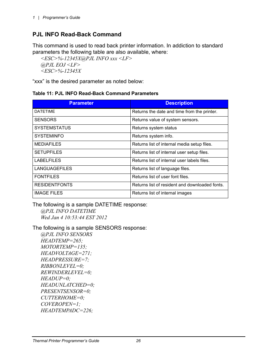 Pjl info read-back command | Datamax-O'Neil Workstation series Programmer’s Guide User Manual | Page 32 / 59