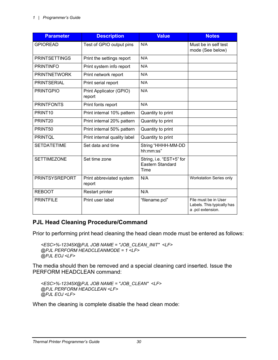Pjl head cleaning procedure/command | Datamax-O'Neil Workstation series Programmer’s Guide User Manual | Page 36 / 59