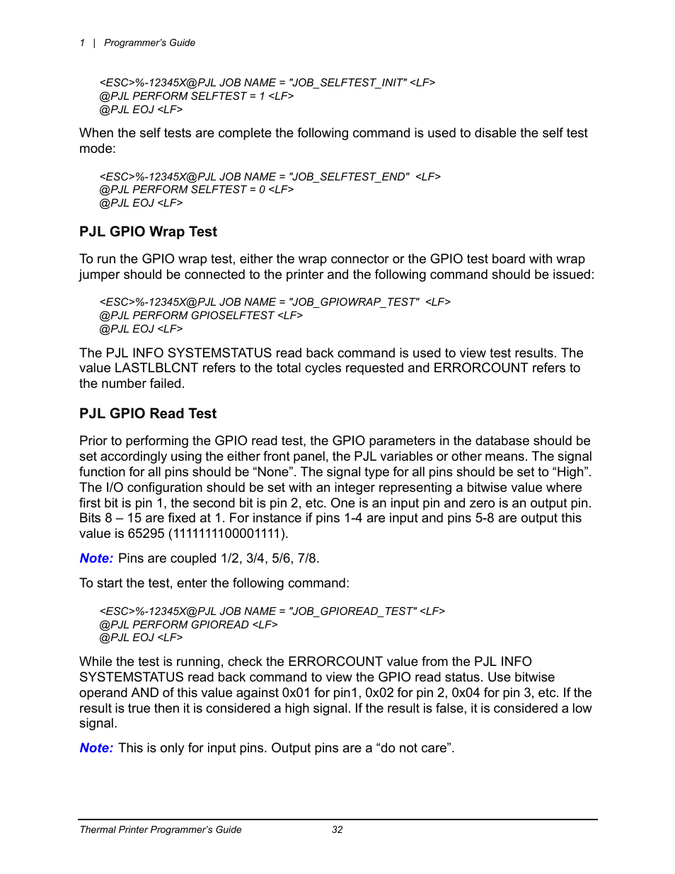 Pjl gpio wrap test pjl gpio read test | Datamax-O'Neil Workstation series Programmer’s Guide User Manual | Page 38 / 59