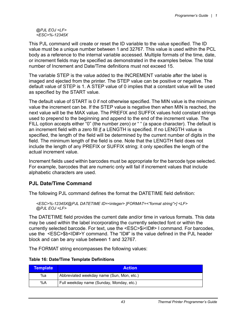 Pjl date/time command | Datamax-O'Neil Workstation series Programmer’s Guide User Manual | Page 49 / 59
