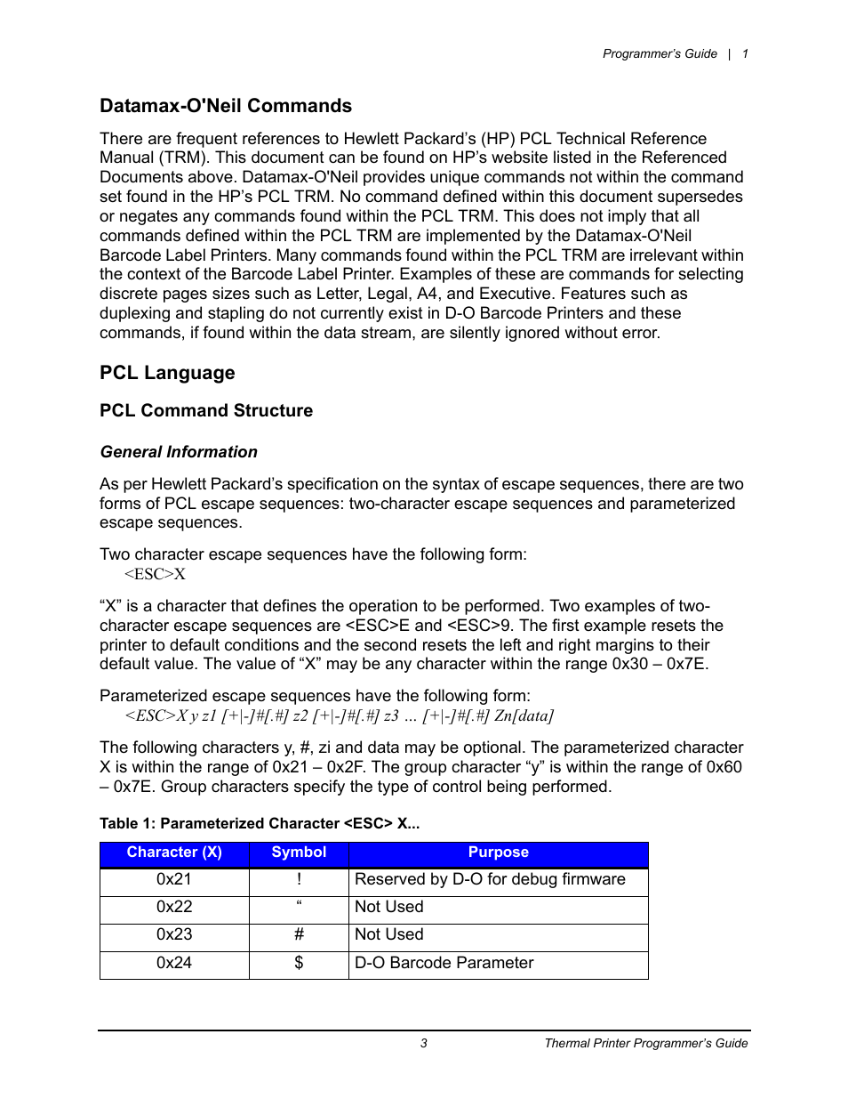 Datamax-o'neil commands pcl language, Pcl command structure | Datamax-O'Neil Workstation series Programmer’s Guide User Manual | Page 9 / 59