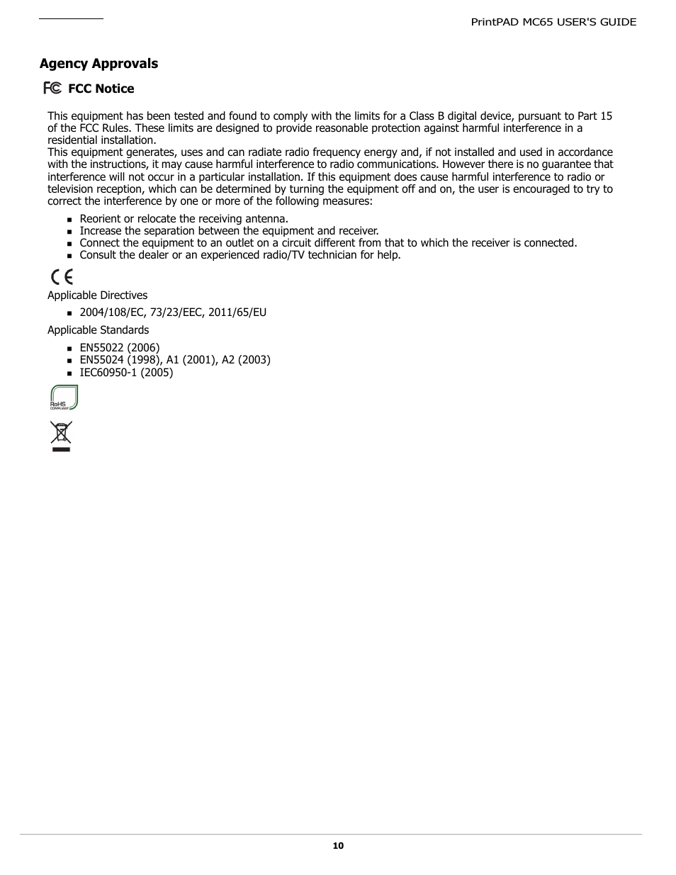 Agency approvals | Datamax-O'Neil PrintPAD MC65 User Guide User Manual | Page 12 / 14