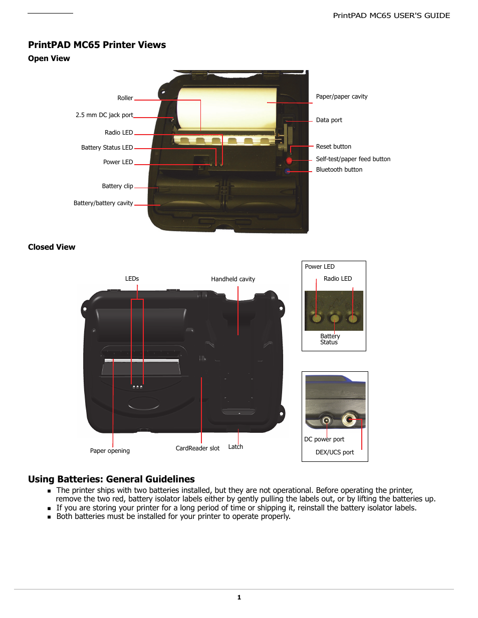 Printpad mc65 printer views, Open view, Closed view | Using batteries: general guidelines | Datamax-O'Neil PrintPAD MC65 User Guide User Manual | Page 3 / 14