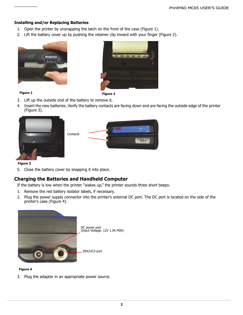 Installing and/or replacing batteries, Charging the batteries and handheld computer | Datamax-O'Neil PrintPAD MC65 User Guide User Manual | Page 4 / 14