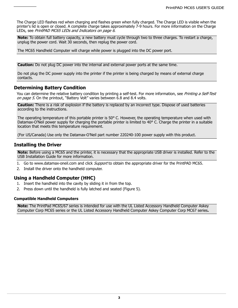 Determining battery condition, Installing the driver, Using a handheld computer (hhc) | Compatible handheld computers | Datamax-O'Neil PrintPAD MC65 User Guide User Manual | Page 5 / 14