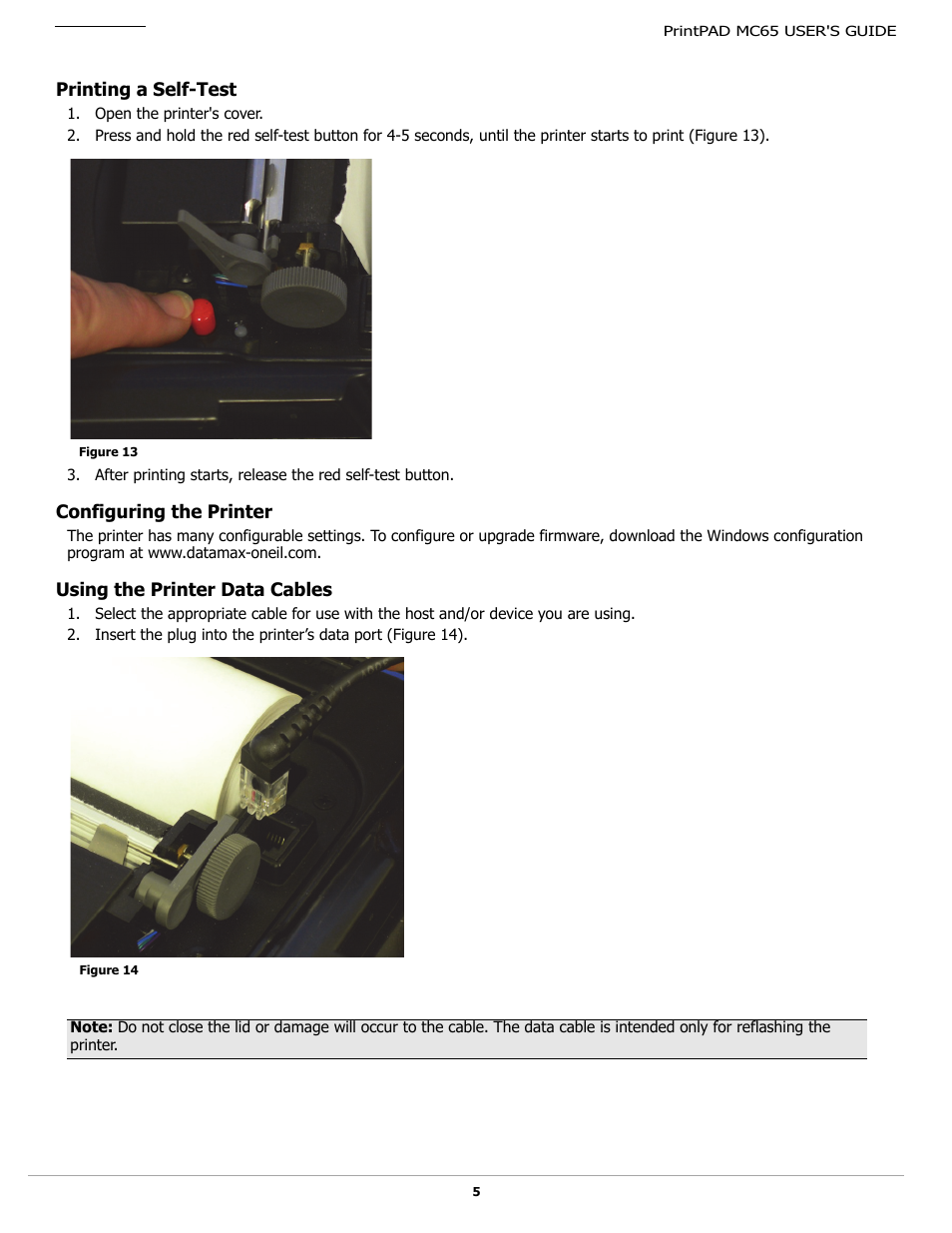 Printing a self-test, Configuring the printer, Using the printer data cables | Datamax-O'Neil PrintPAD MC65 User Guide User Manual | Page 7 / 14