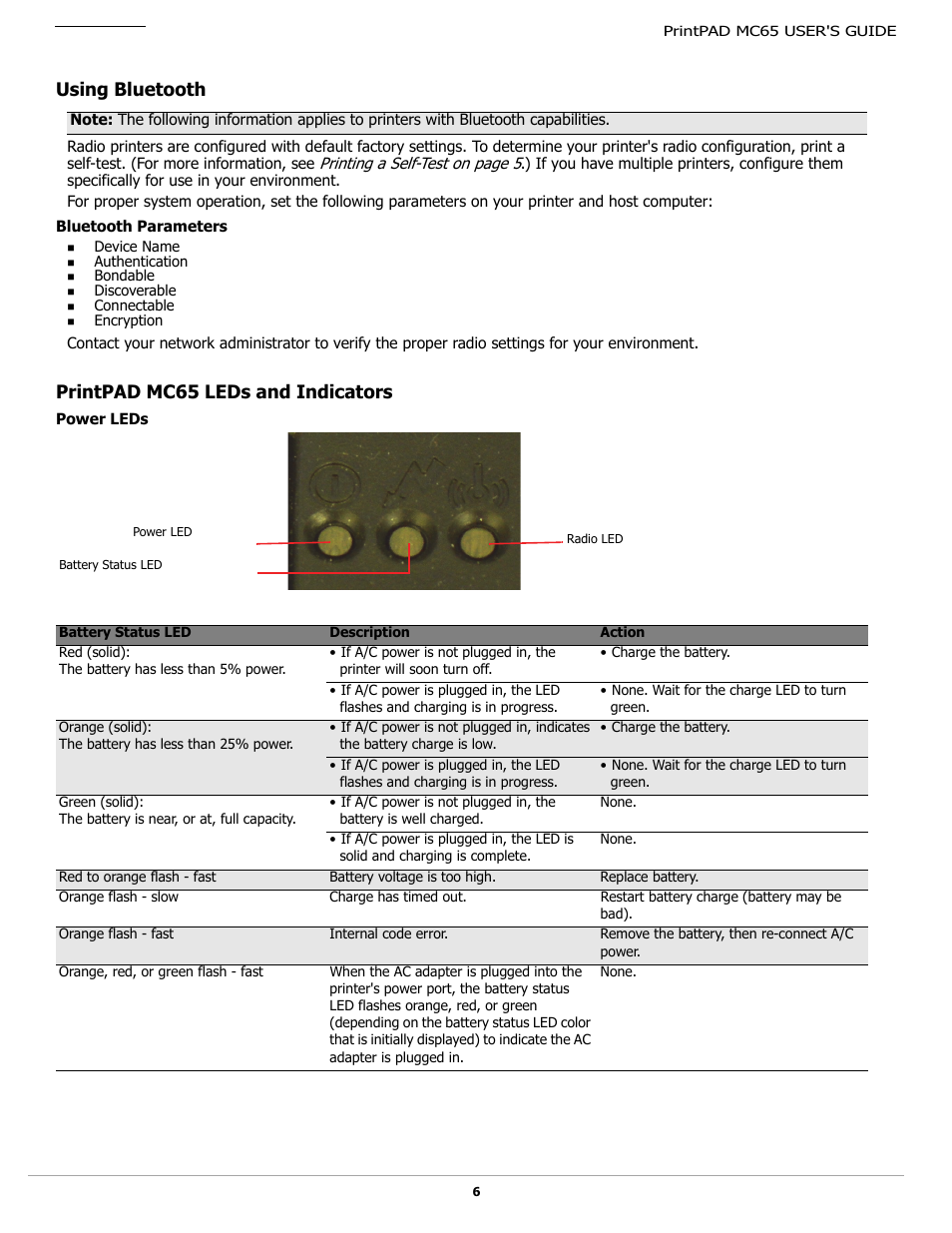 Using bluetooth, Bluetooth parameters, Printpad mc65 leds and indicators | Power leds, Leds, see | Datamax-O'Neil PrintPAD MC65 User Guide User Manual | Page 8 / 14