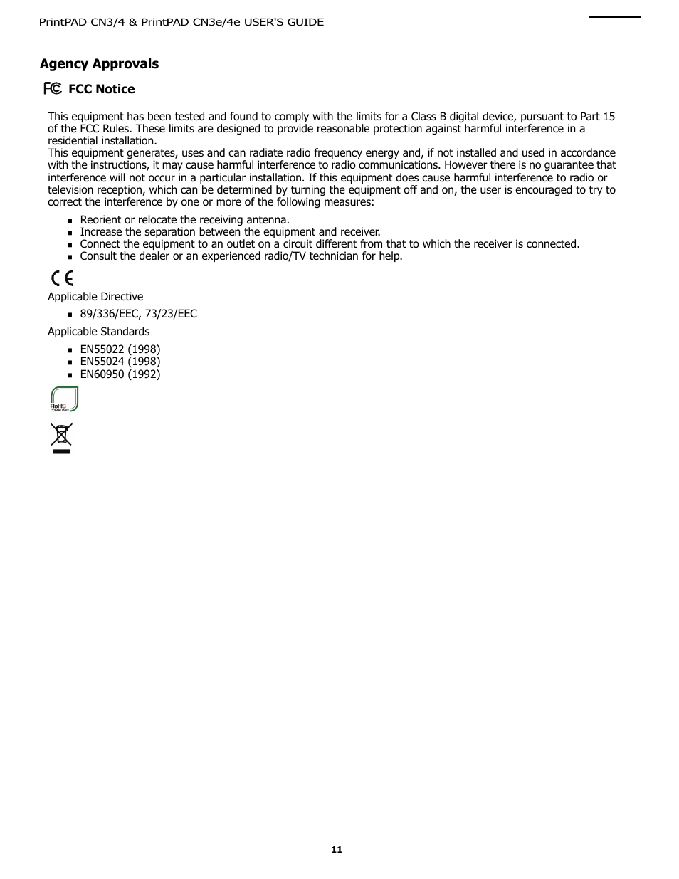 Agency approvals | Datamax-O'Neil PrintPAD CN3_4_3e_4e User Guide User Manual | Page 13 / 16