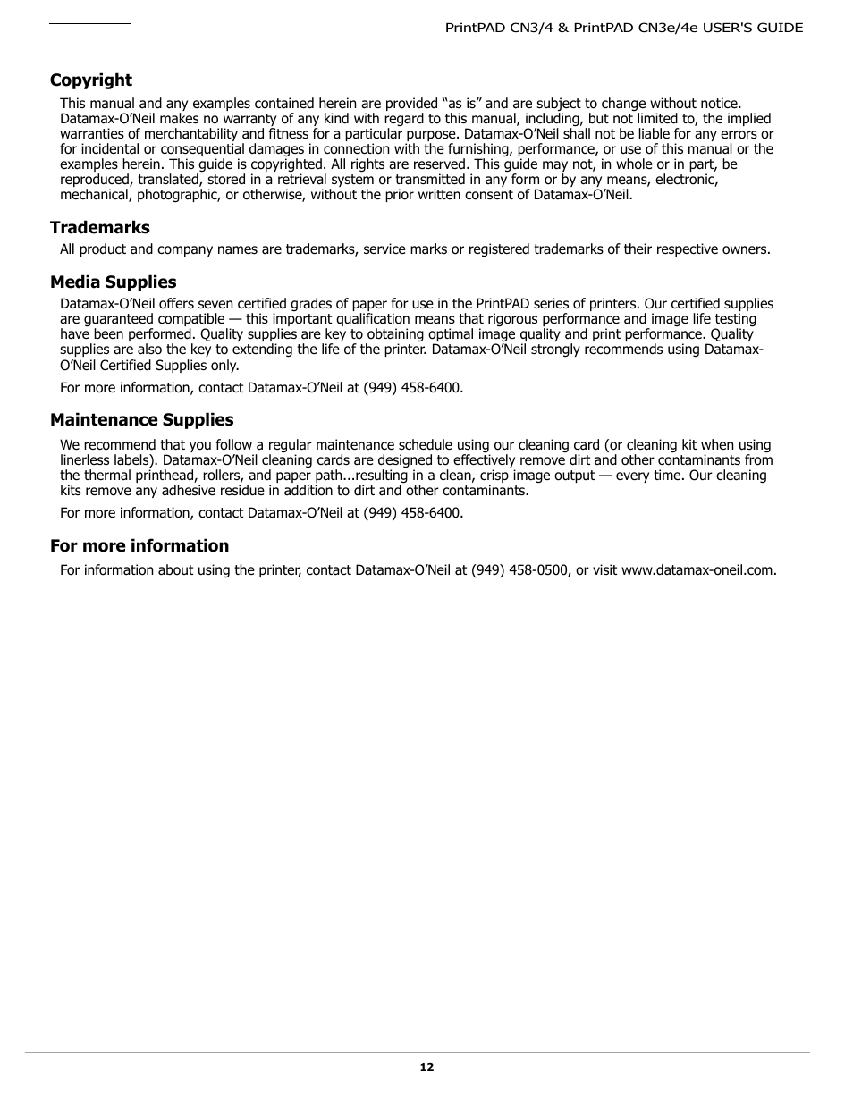 Trademarks, Media supplies | Datamax-O'Neil PrintPAD CN3_4_3e_4e User Guide User Manual | Page 14 / 16