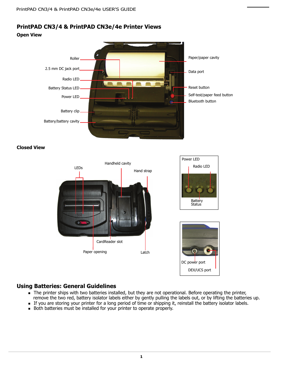 Printpad cn3/4 & printpad cn3e/4e printer views, Open view, Closed view | Using batteries: general guidelines | Datamax-O'Neil PrintPAD CN3_4_3e_4e User Guide User Manual | Page 3 / 16