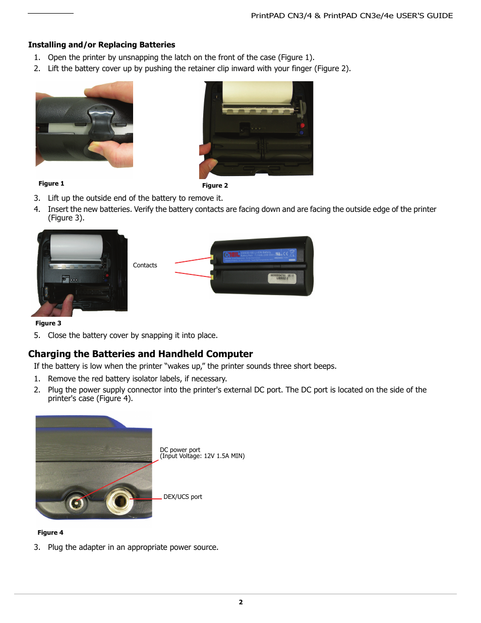 Installing and/or replacing batteries, Charging the batteries and handheld computer | Datamax-O'Neil PrintPAD CN3_4_3e_4e User Guide User Manual | Page 4 / 16