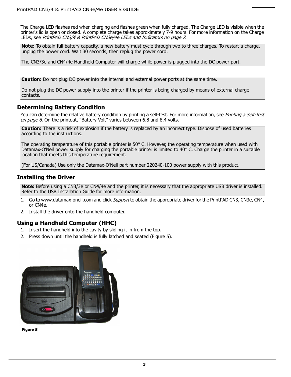 Determining battery condition, Installing the driver, Using a handheld computer (hhc) | Datamax-O'Neil PrintPAD CN3_4_3e_4e User Guide User Manual | Page 5 / 16