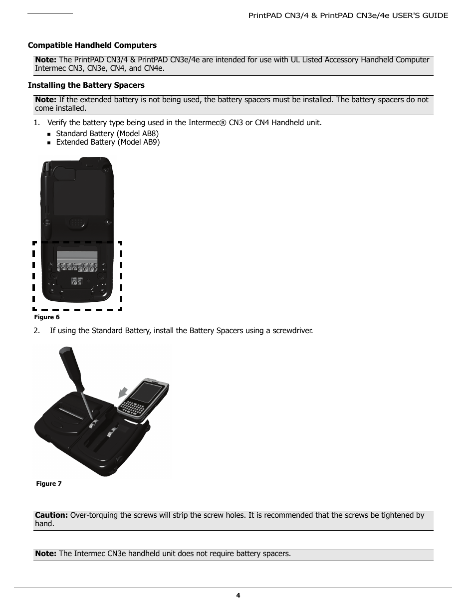 Compatible handheld computers, Installing the battery spacers | Datamax-O'Neil PrintPAD CN3_4_3e_4e User Guide User Manual | Page 6 / 16