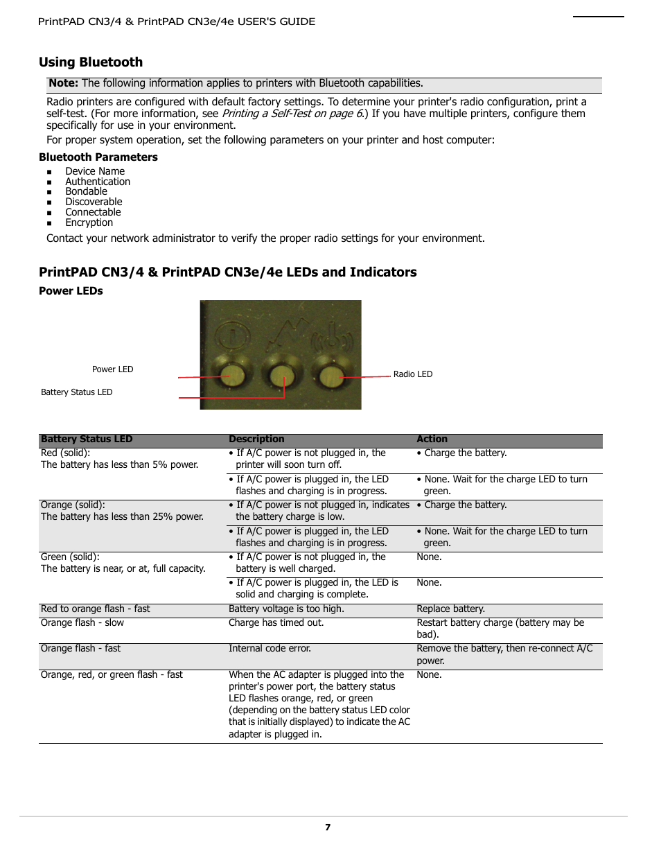 Using bluetooth, Bluetooth parameters, Power leds | Leds, see | Datamax-O'Neil PrintPAD CN3_4_3e_4e User Guide User Manual | Page 9 / 16